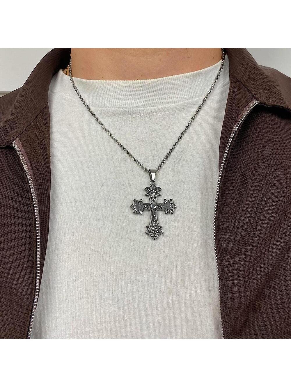 Stainless steel y2k style gothic silver cross pendant necklace. 20 inches - Picture 5 of 8